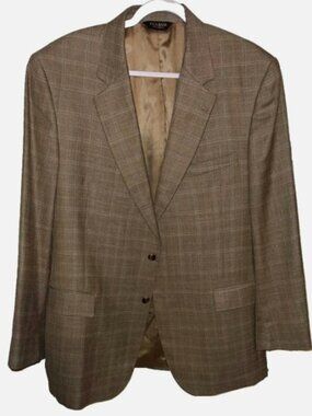 JOS A BANK Signature Blazer Mens 46L Brown Tan Plaid Wool Blend Sports Coat